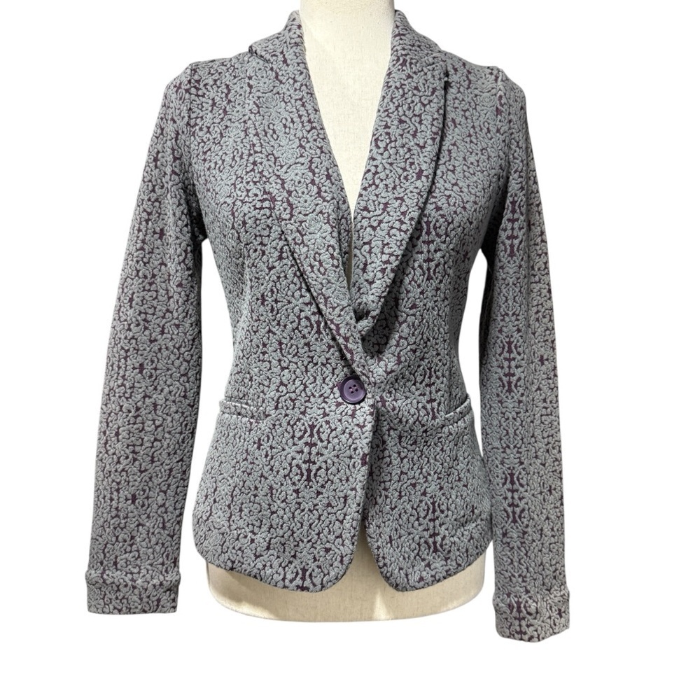 Olivia Moon Damask Blazer Size SP Floral Gray Purple Stretch Work Office Boss
